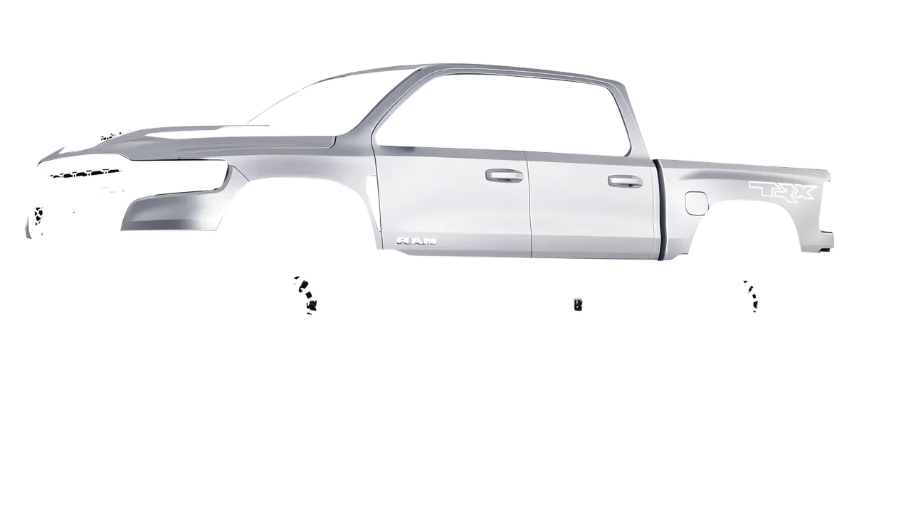 Ram 1500 SRT TRX 2027 wrapped in Matte Silver (3M M21), front three-quarter view
