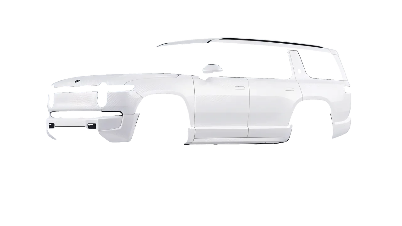 Rivian R1S 2025 wrapped in Carbon Fiber White (Avery Dennison SW900-115-X), front three-quarter view