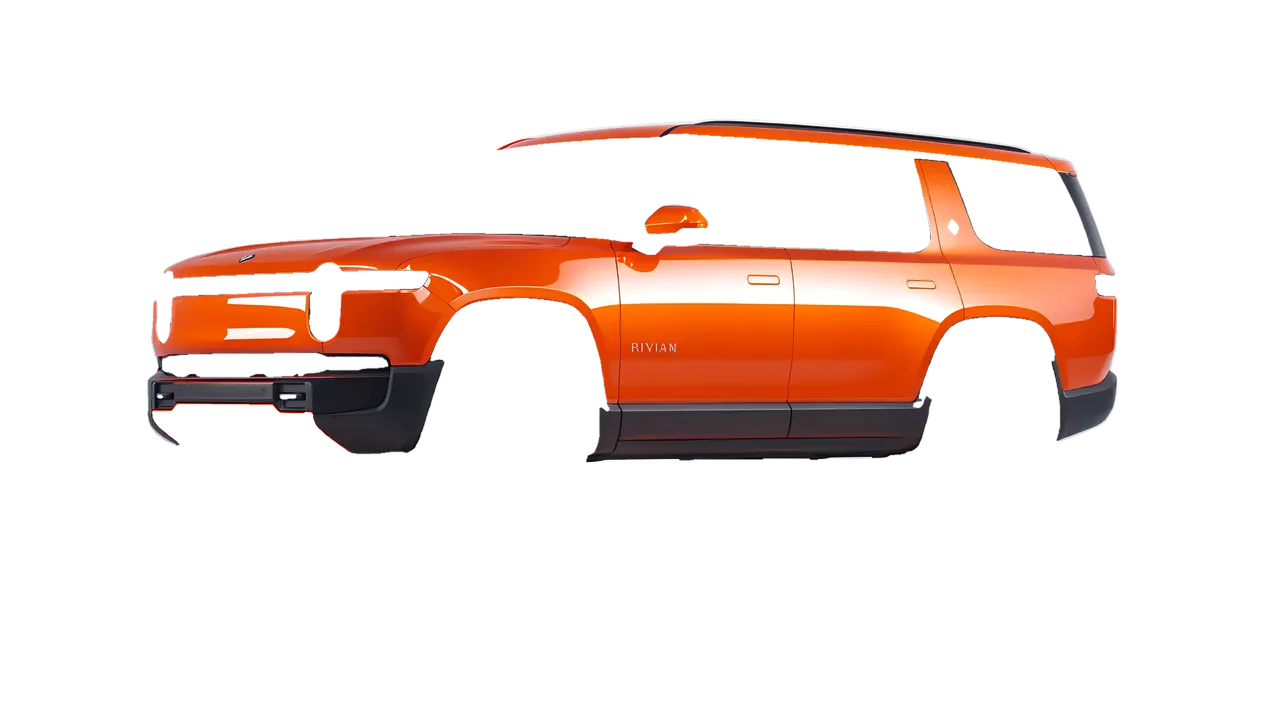 Rivian R1S 2025 wrapped in Fiery Orange (3M G364), front three-quarter view