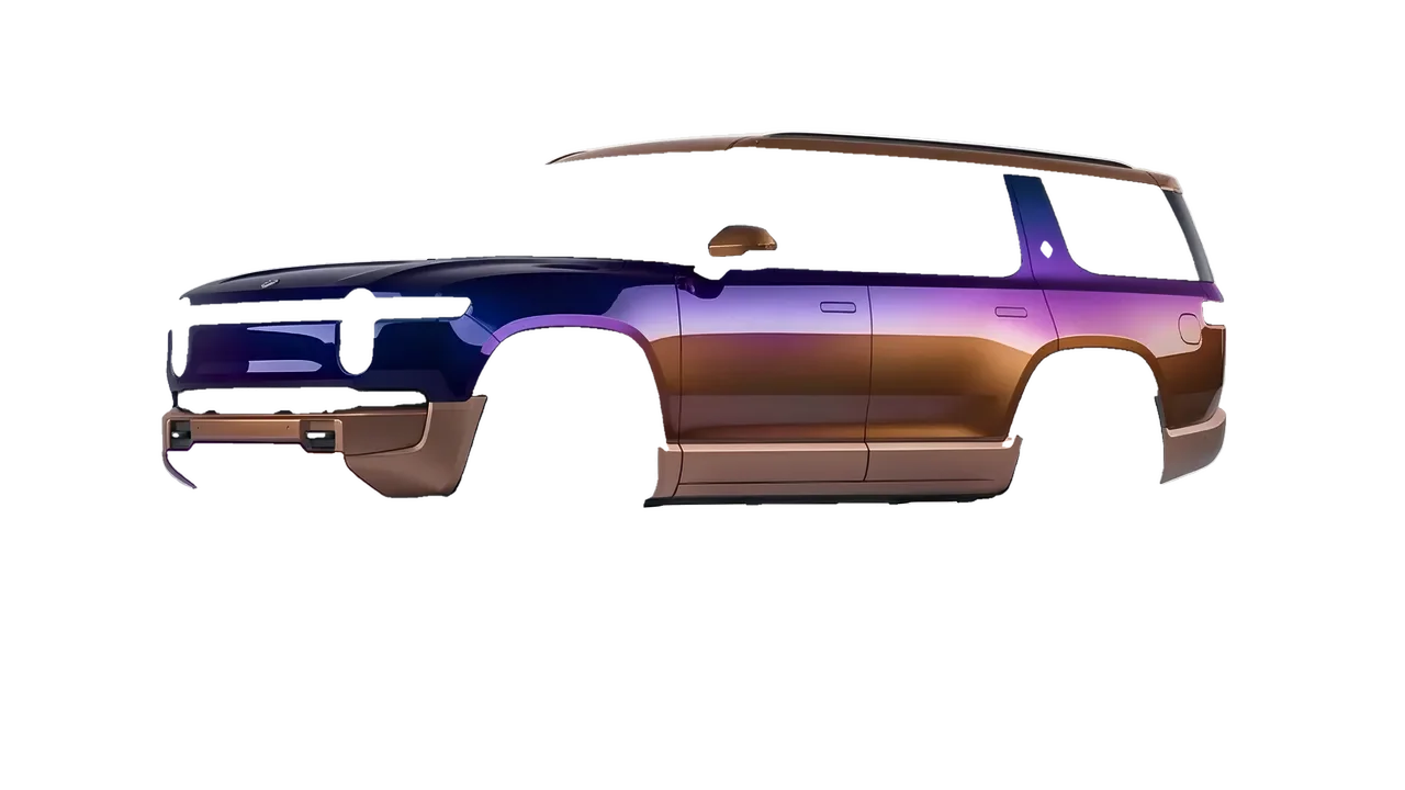 Rivian R1S 2025 wrapped in Gloss Flip Deep Space (3M GP278), front three-quarter view