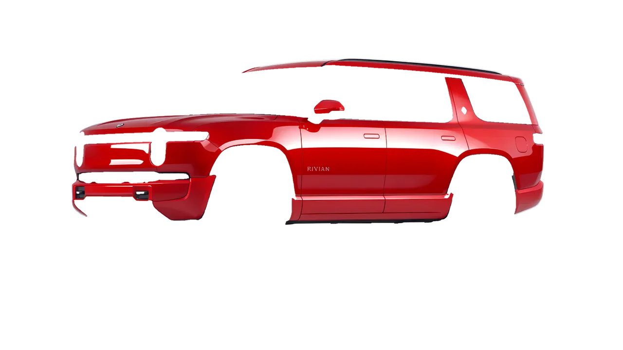 Rivian R1S 2025 wrapped in Hot Rod Red (3M G13), front three-quarter view