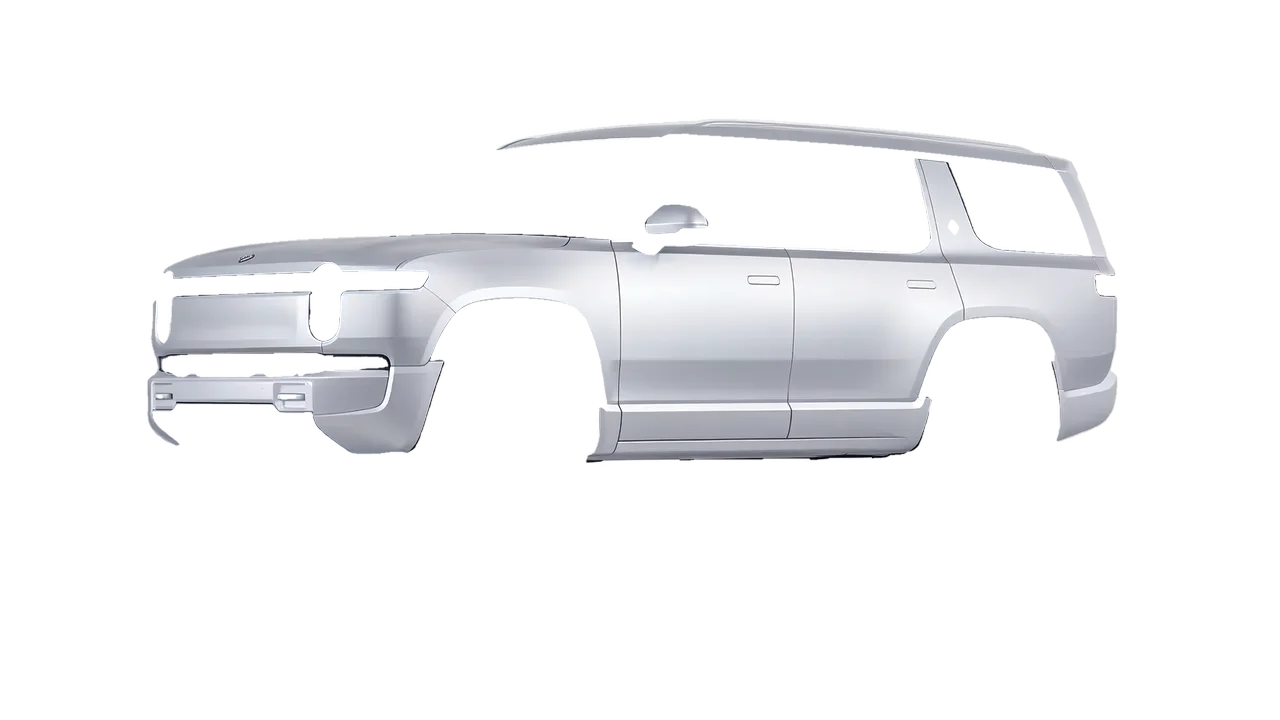 Rivian R1S 2025 wrapped in Matte Silver (3M M21), front three-quarter view