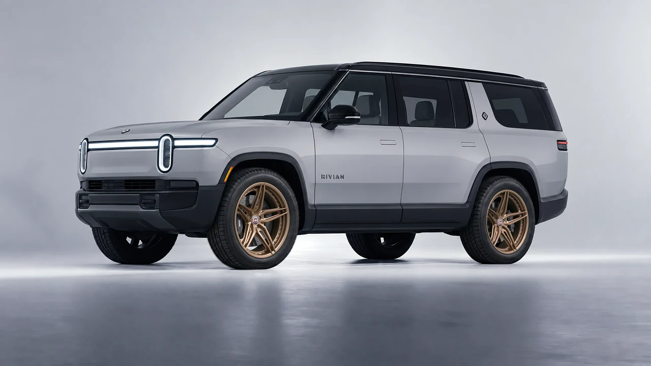 Rivian R1S 2025 on HRE Performance Wheels S107SC forged wheels, front three-quarter view