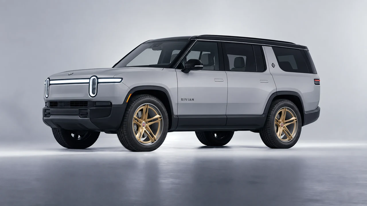 Rivian R1S 2025 on HRE Performance Wheels S207H forged wheels, front three-quarter view