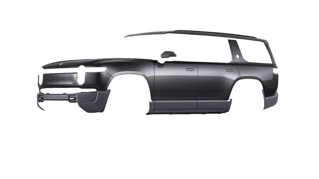 Rivian R1S 2025 wrapped in Black Rock Grey (Avery Dennison SW900-823-M), front three-quarter view