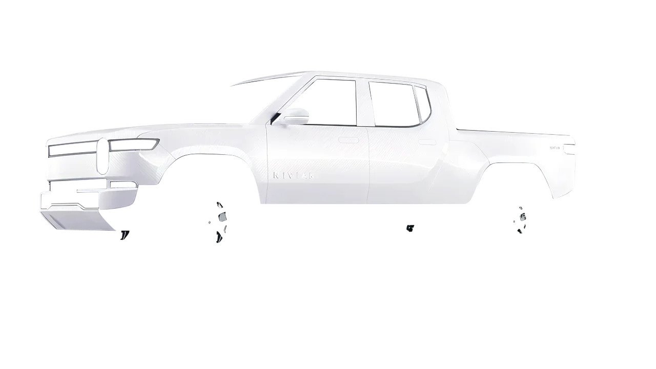 Rivian R1T 2025 wrapped in Carbon Fiber White (Avery Dennison SW900-115-X), front three-quarter view