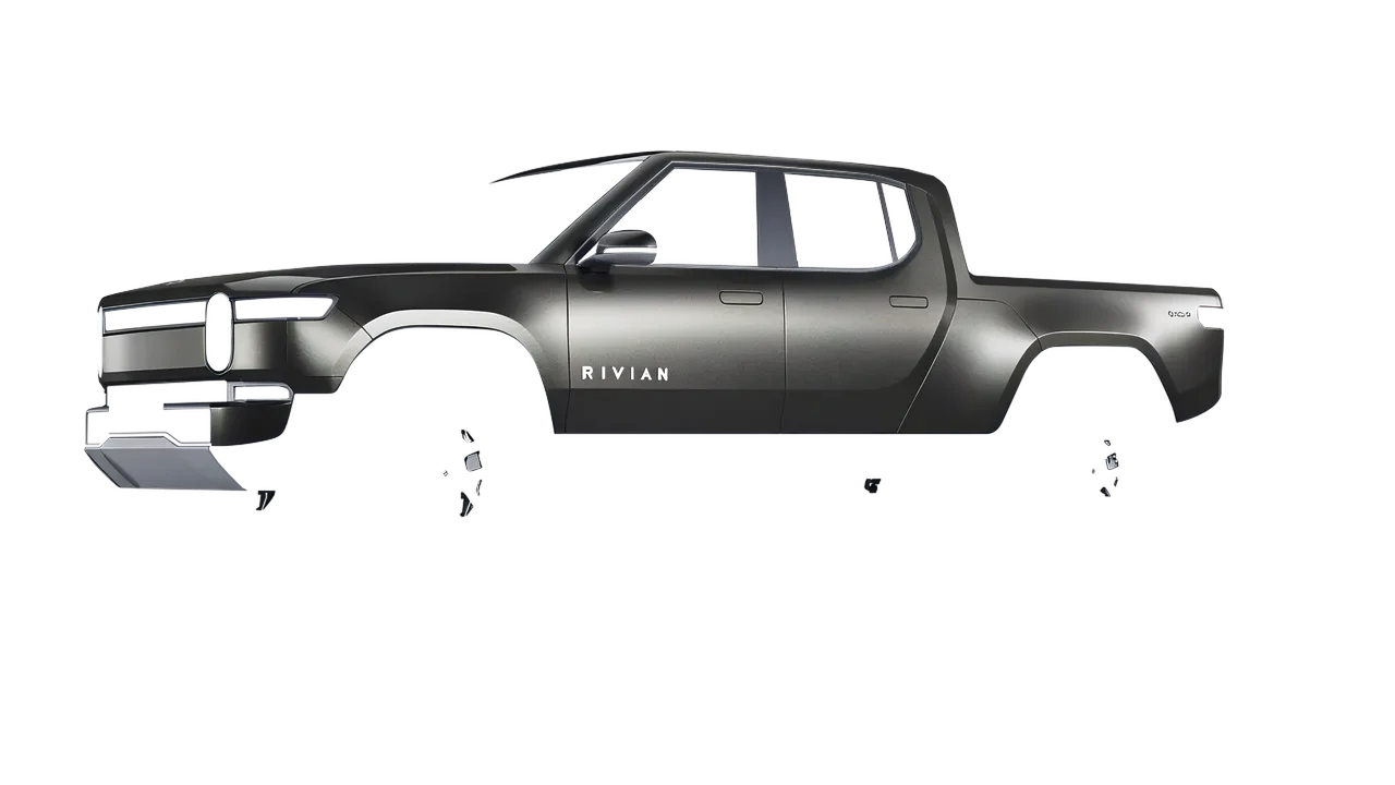 Rivian R1T 2025 wrapped in Black Rock Grey (Avery Dennison SW900-823-M), front three-quarter view