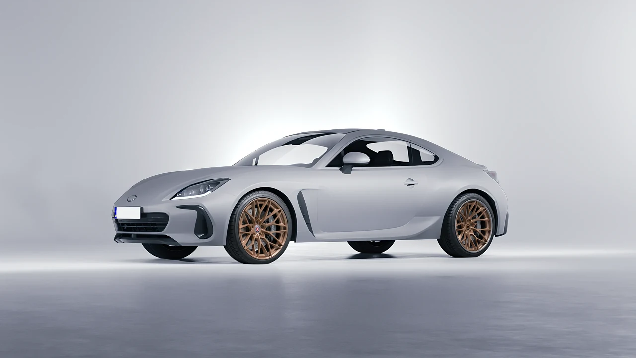 Subaru BRZ 2022 on HRE Performance Wheels S200H forged wheels, front three-quarter view
