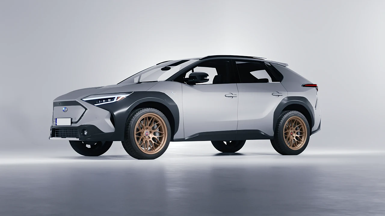 Subaru Solterra 2023 on HRE Performance Wheels 300-GTS forged wheels, front three-quarter view