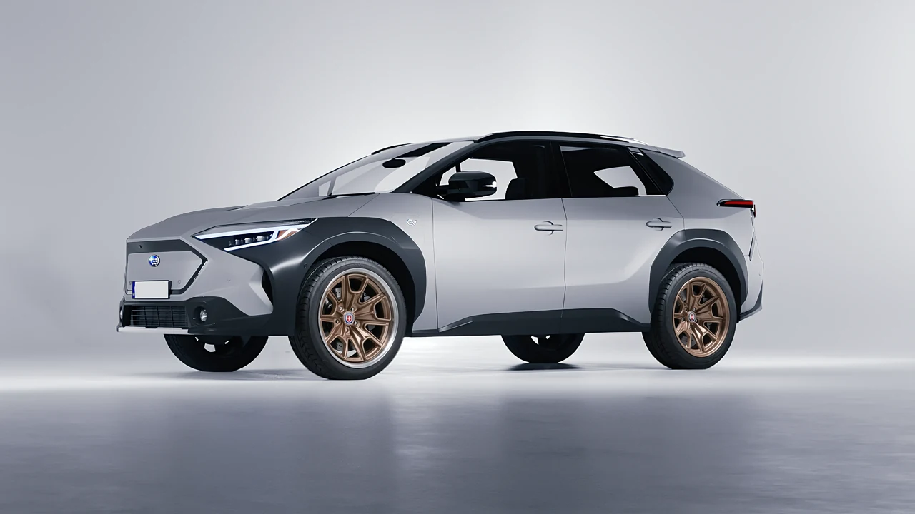 Subaru Solterra 2023 on HRE Performance Wheels 427 forged wheels, front three-quarter view