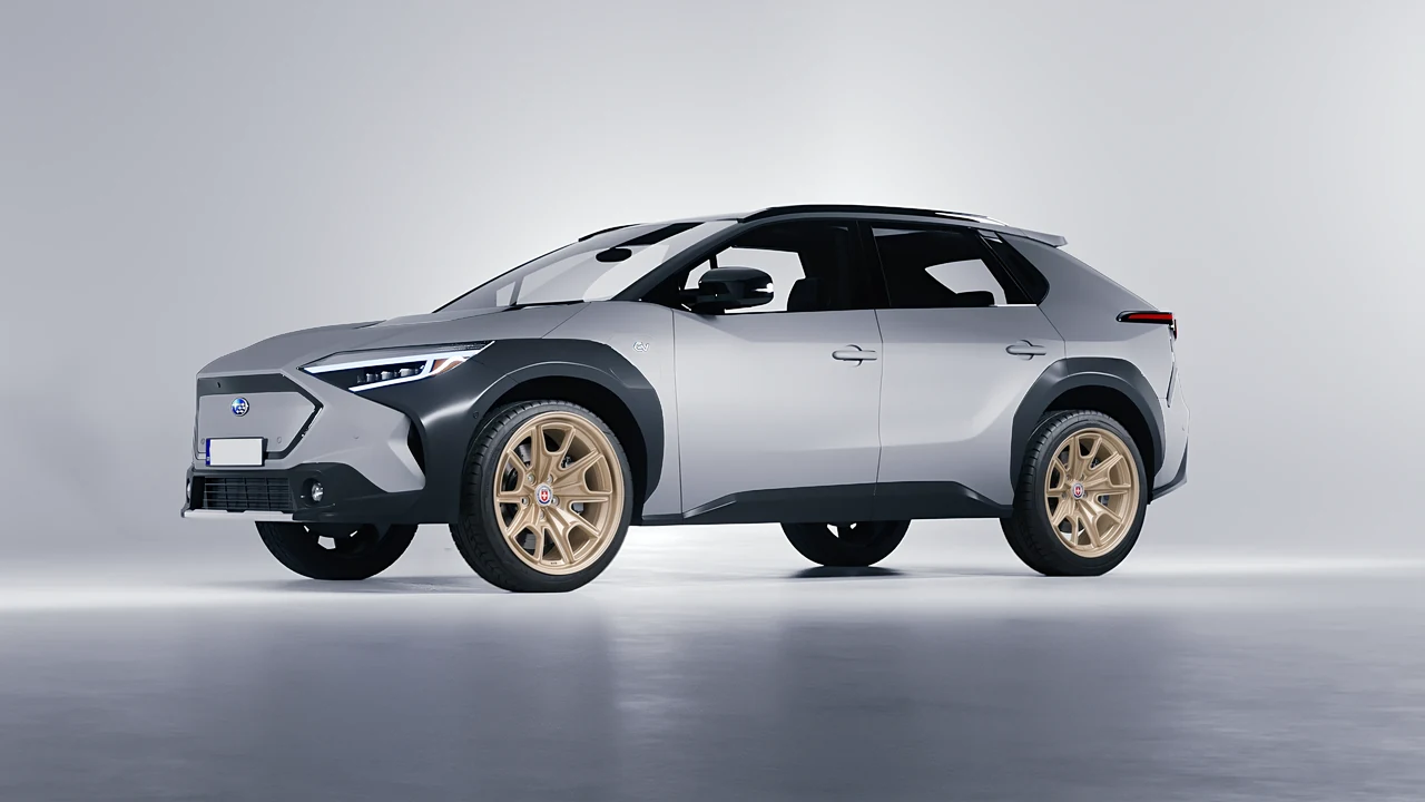 Subaru Solterra 2023 on HRE Performance Wheels 427M forged wheels, front three-quarter view