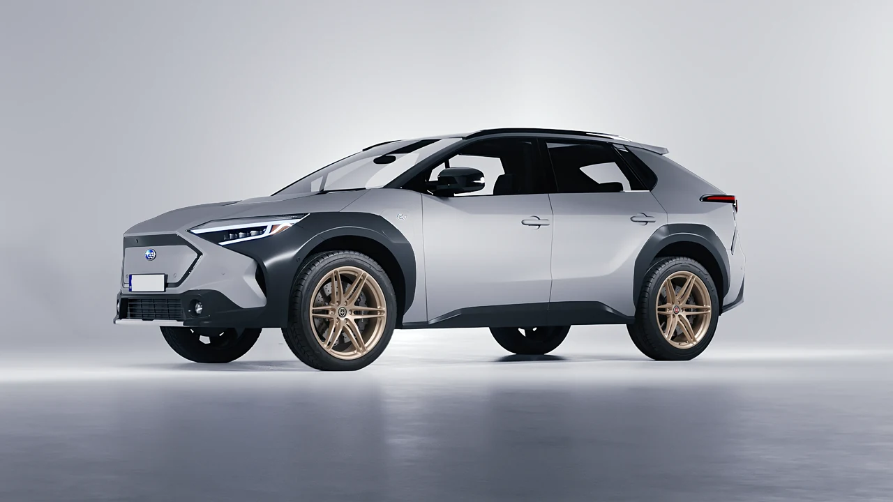 Subaru Solterra 2023 on HRE Performance Wheels P106 forged wheels, front three-quarter view