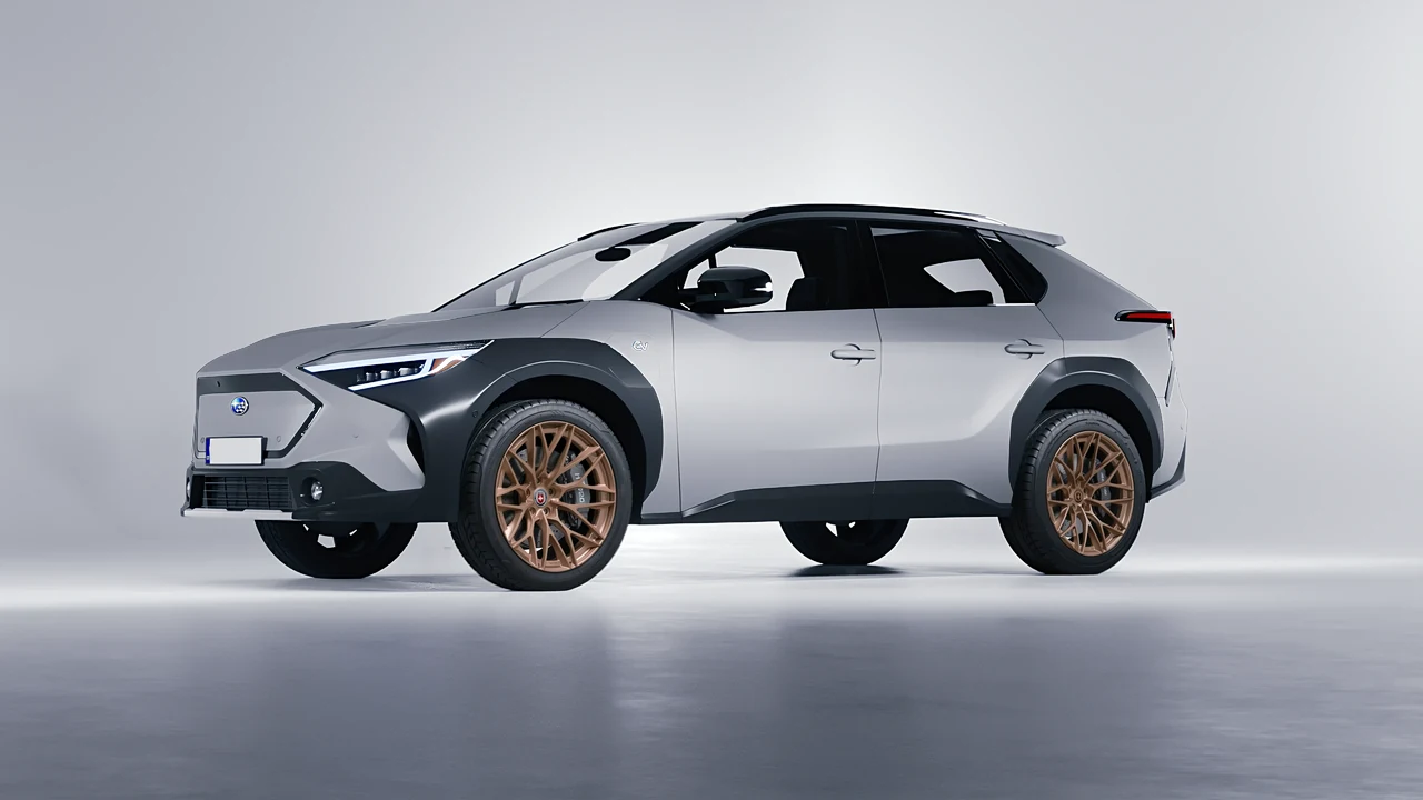 Subaru Solterra 2023 on HRE Performance Wheels S200H forged wheels, front three-quarter view