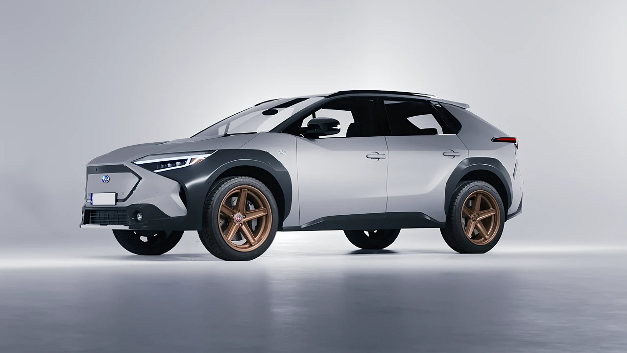 Subaru Solterra 2023 on HRE Performance Wheels Tusk forged wheels, front three-quarter view