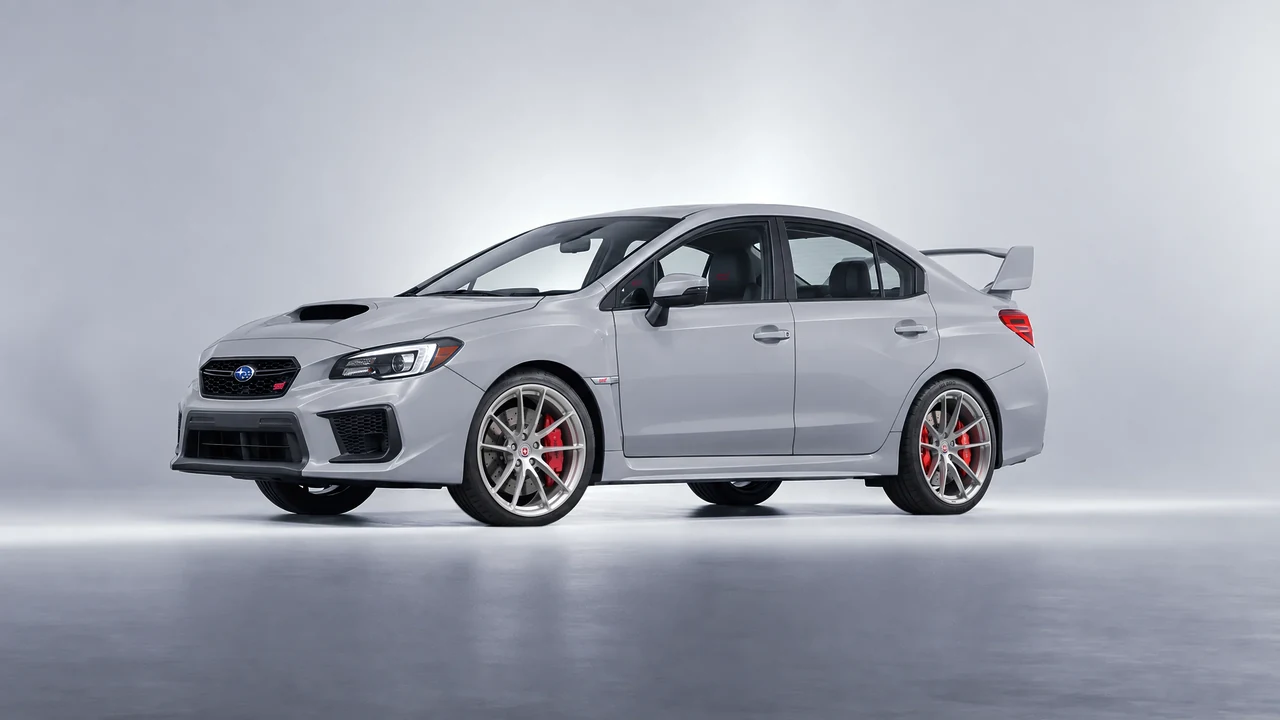 Subaru WRX STI 2020 on HRE Performance Wheels P104 forged wheels, front three-quarter view