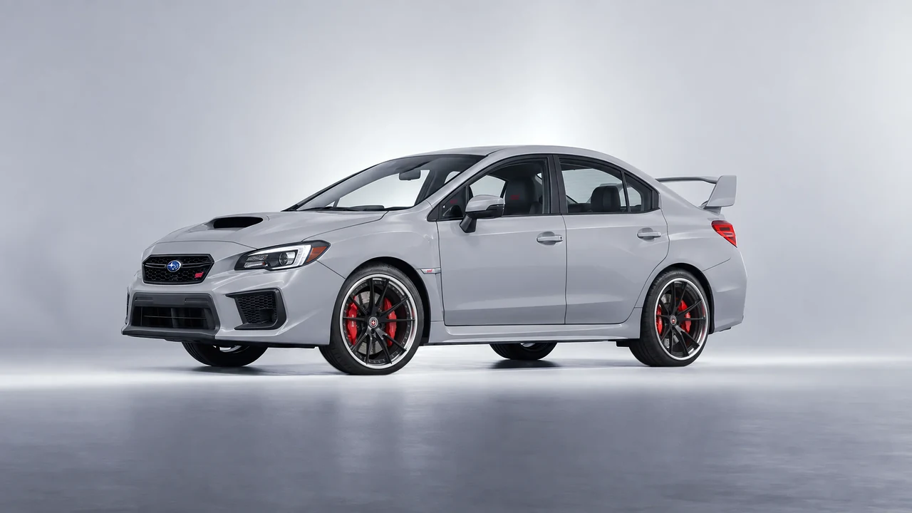 Subaru WRX STI 2020 on HRE Performance Wheels S104 forged wheels, front three-quarter view
