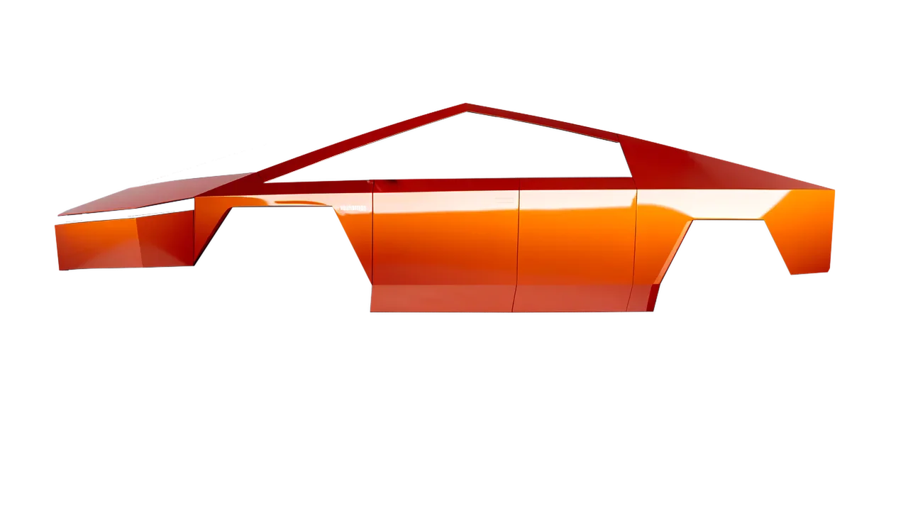 Tesla Cybertruck 2024 wrapped in Fiery Orange (3M G364), front three-quarter view