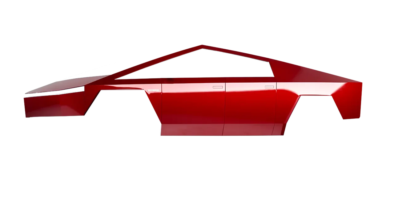 Tesla Cybertruck 2024 wrapped in Hot Rod Red (3M G13), front three-quarter view