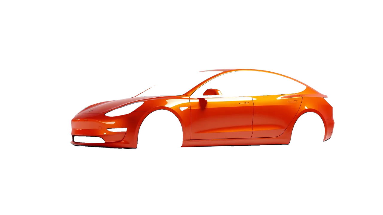 Tesla Model 3 2019 wrapped in Fiery Orange (3M G364), front three-quarter view