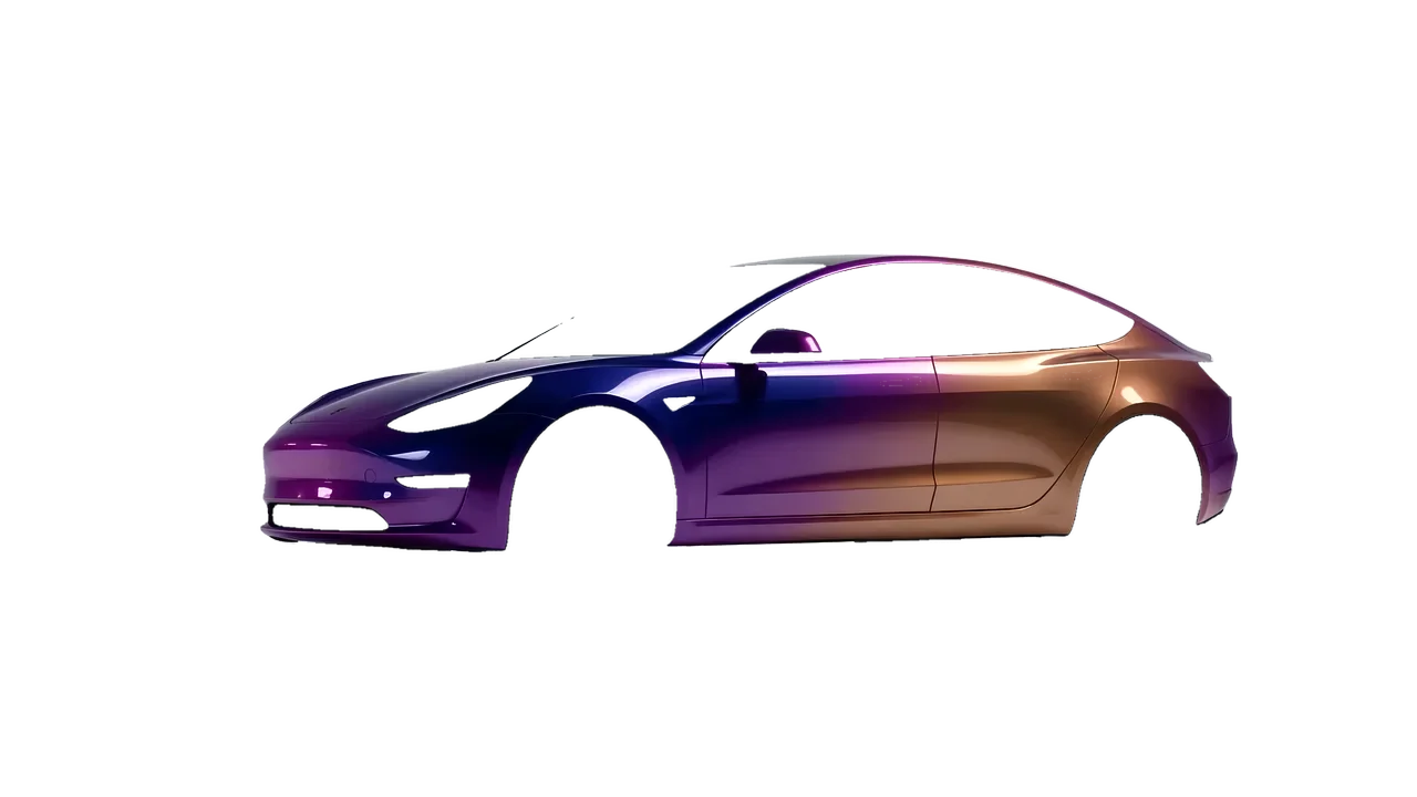 Tesla Model 3 2019 wrapped in Gloss Flip Deep Space (3M GP278), front three-quarter view