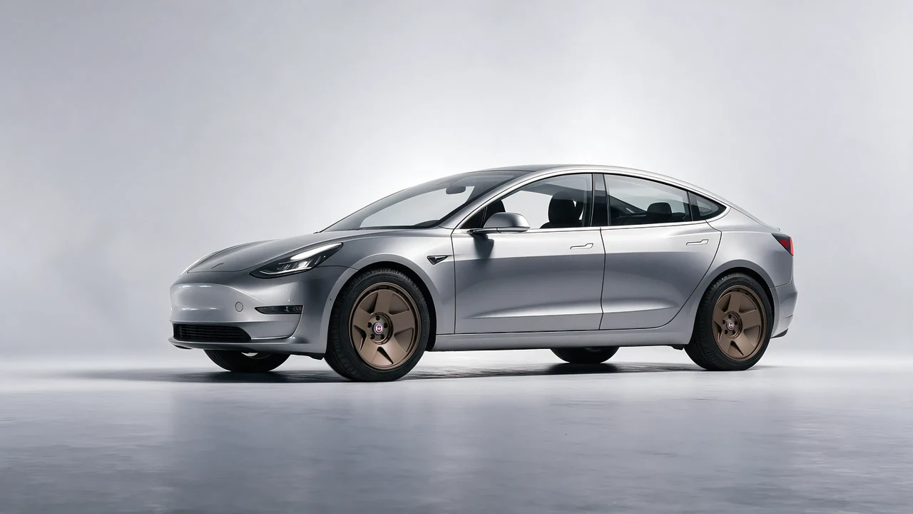 Tesla Model 3 2019 on HRE Performance Wheels 555-GTM forged wheels, front three-quarter view