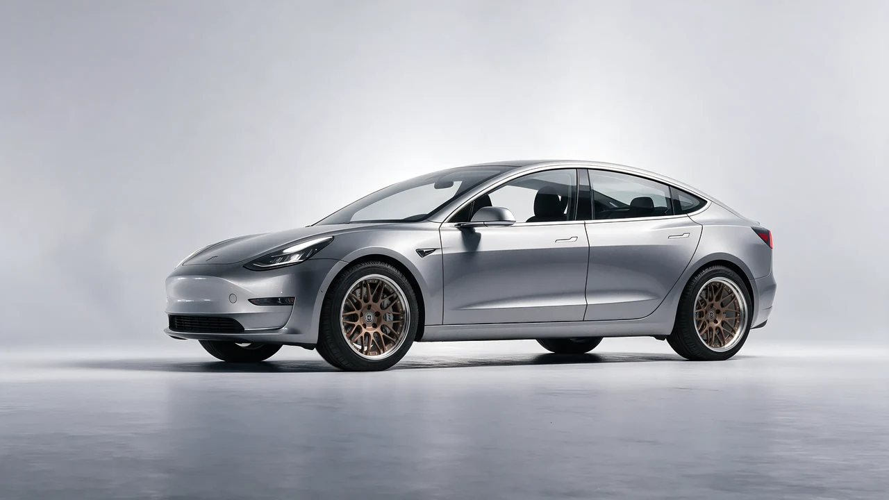 Tesla Model 3 2019 on HRE Performance Wheels C100 forged wheels, front three-quarter view