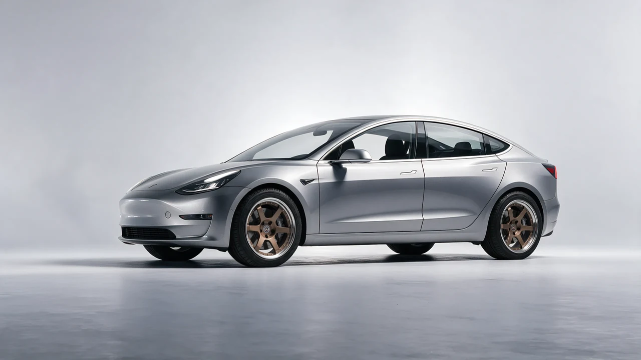 Tesla Model 3 2019 on HRE Performance Wheels C106 forged wheels, front three-quarter view