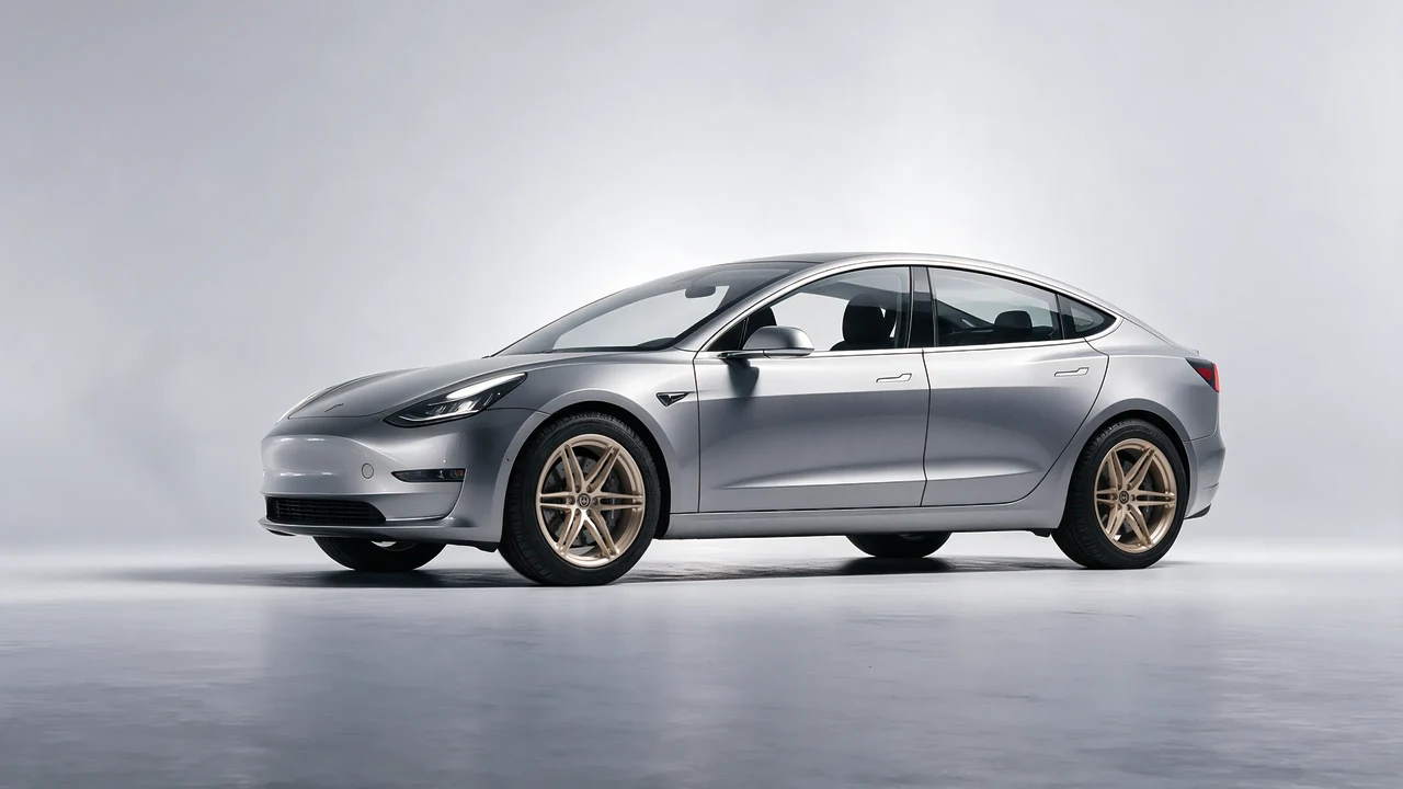 Tesla Model 3 2019 on HRE Performance Wheels P106 forged wheels, front three-quarter view