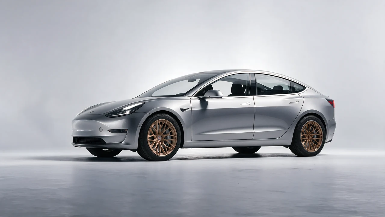 Tesla Model 3 2019 on HRE Performance Wheels S200H forged wheels, front three-quarter view
