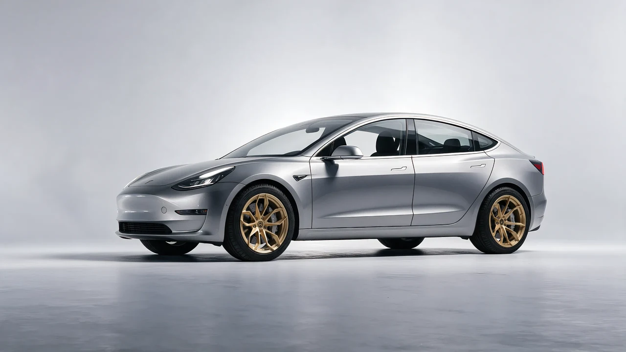 Tesla Model 3 2019 on HRE Performance Wheels S201H forged wheels, front three-quarter view