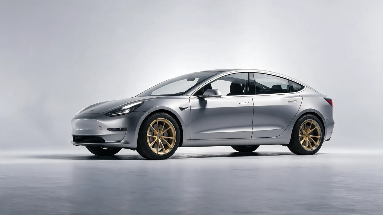 Tesla Model 3 2019 on HRE Performance Wheels S204H forged wheels, front three-quarter view