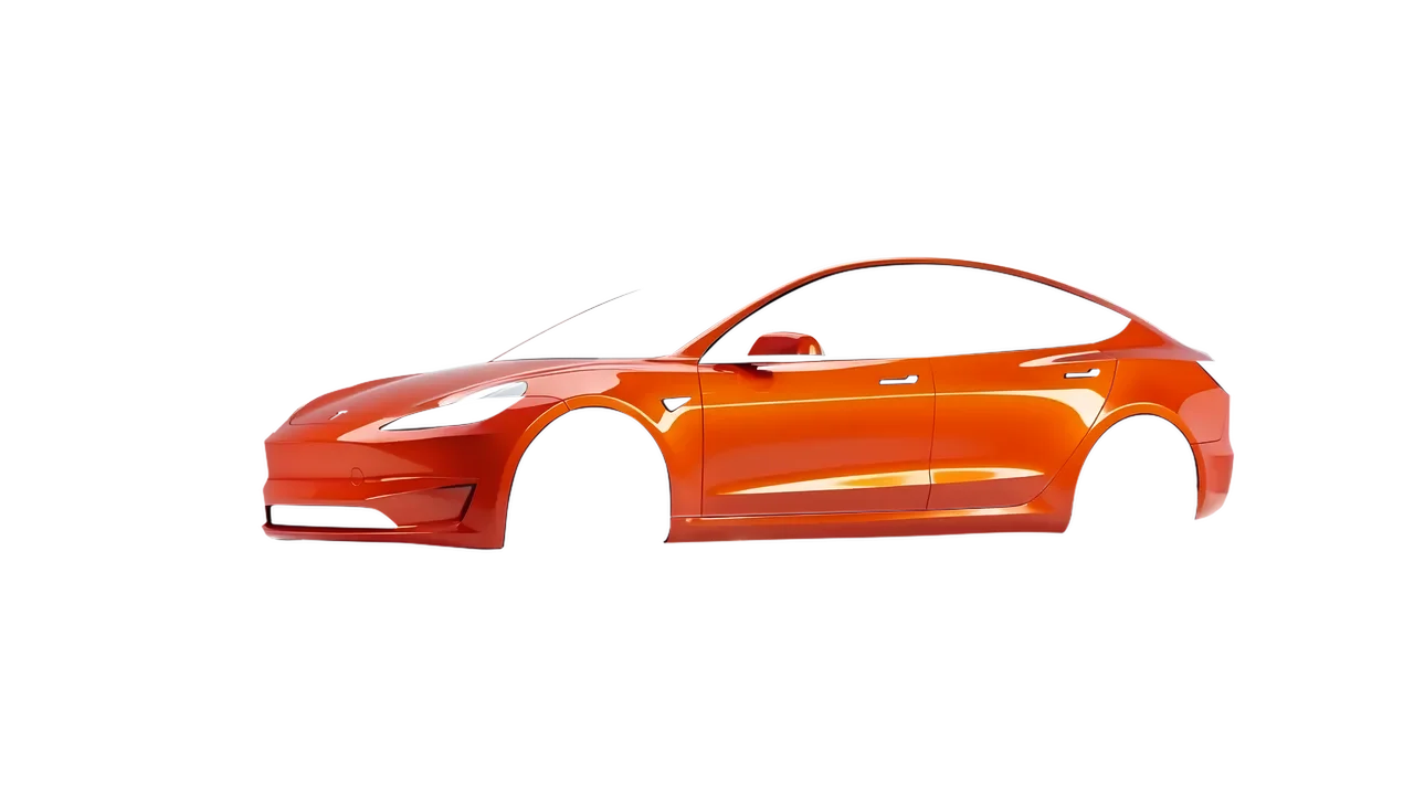 Tesla Model 3 2024 wrapped in Fiery Orange (3M G364), front three-quarter view