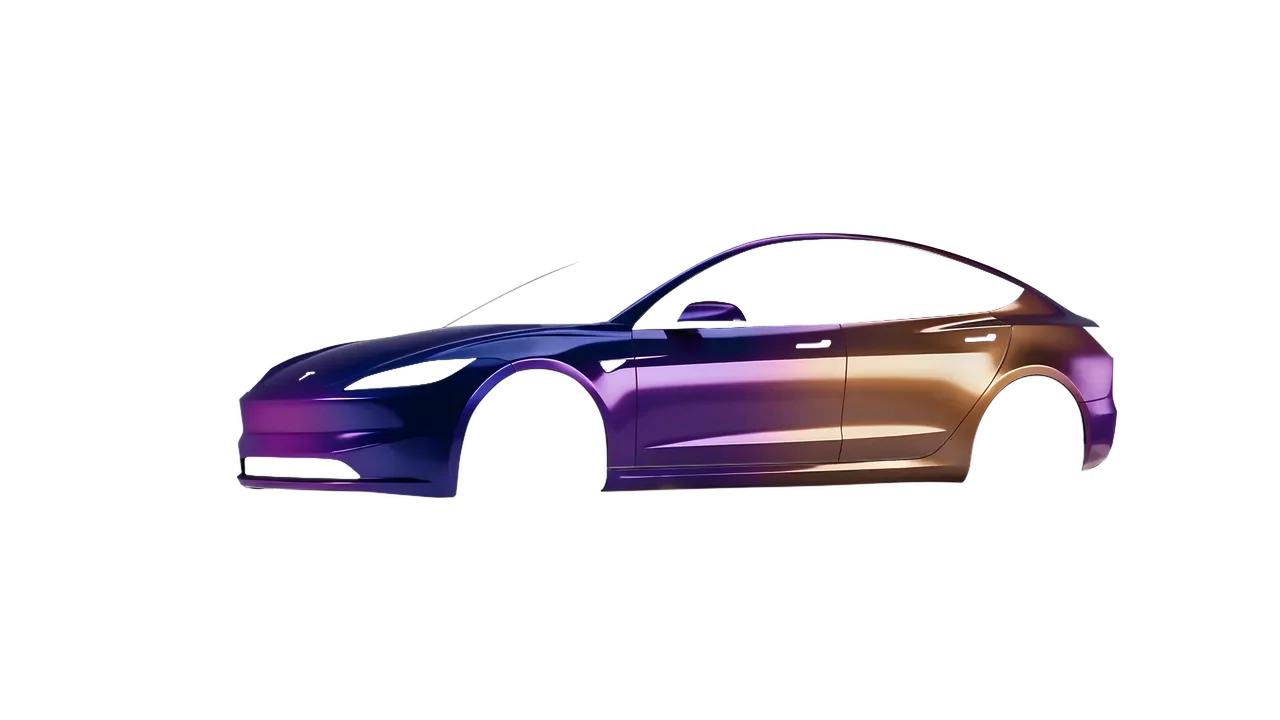 Tesla Model 3 2024 wrapped in Gloss Flip Deep Space (3M GP278), front three-quarter view