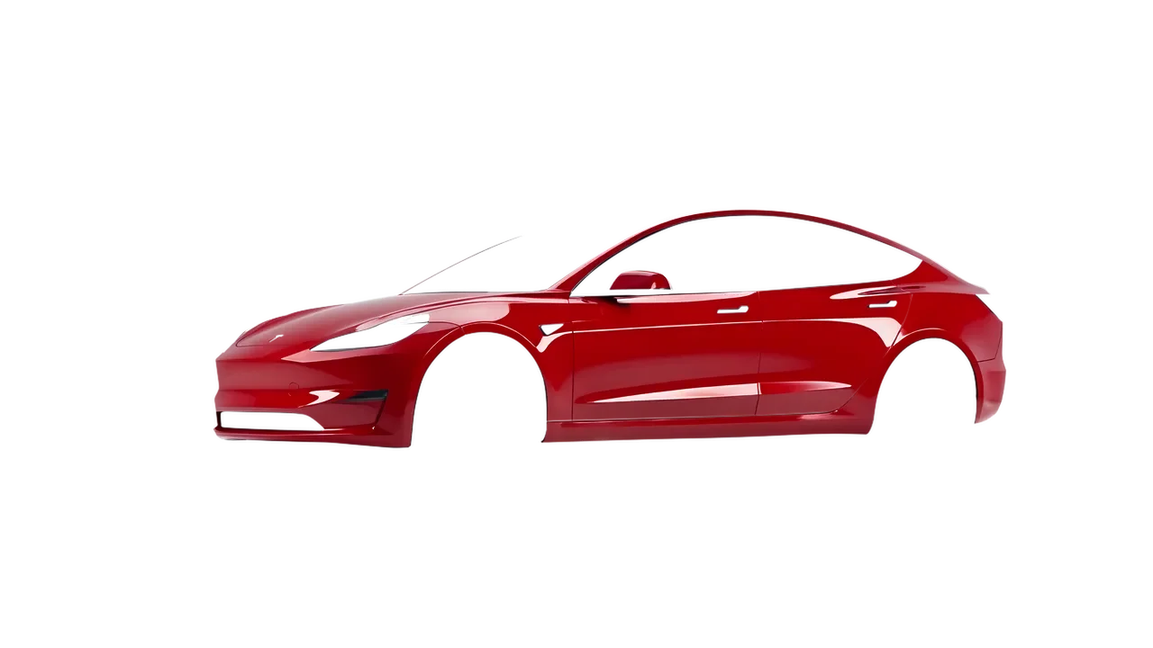 Tesla Model 3 2024 wrapped in Hot Rod Red (3M G13), front three-quarter view