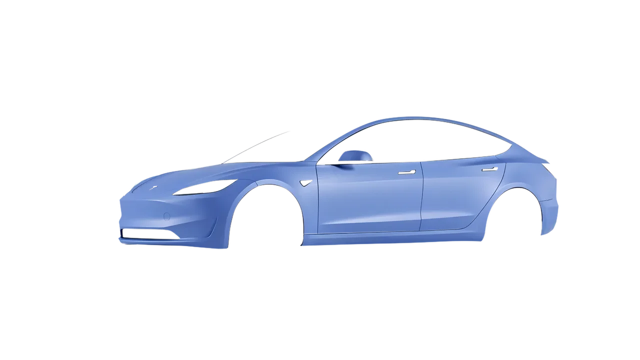 Tesla Model 3 2024 wrapped in Dreamline Blue (Avery Dennison SW900-616-O), front three-quarter view