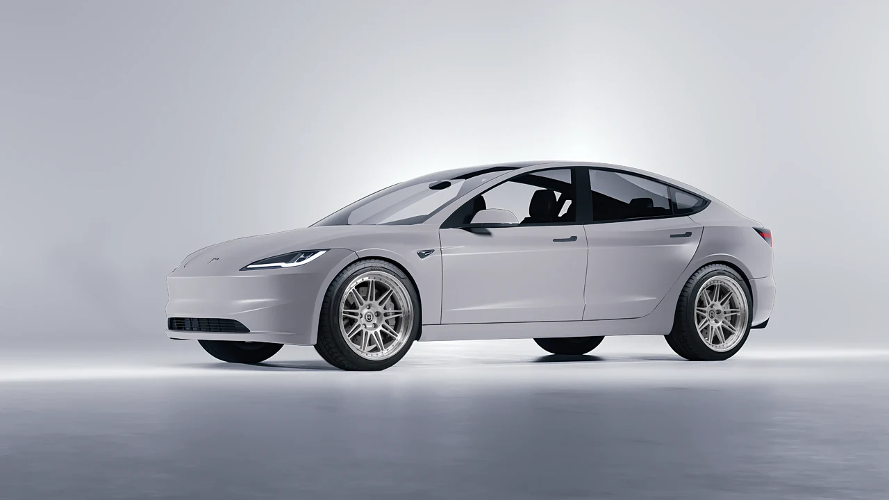 Tesla Model 3 2024 on HRE Performance Wheels 301 forged wheels, front three-quarter view