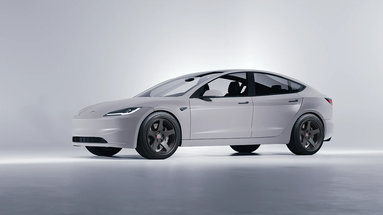 Tesla Model 3 2024 on HRE Performance Wheels 305-GT forged wheels, front three-quarter view