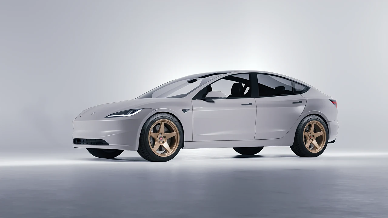 Tesla Model 3 2024 on HRE Performance Wheels 305-GTS forged wheels, front three-quarter view