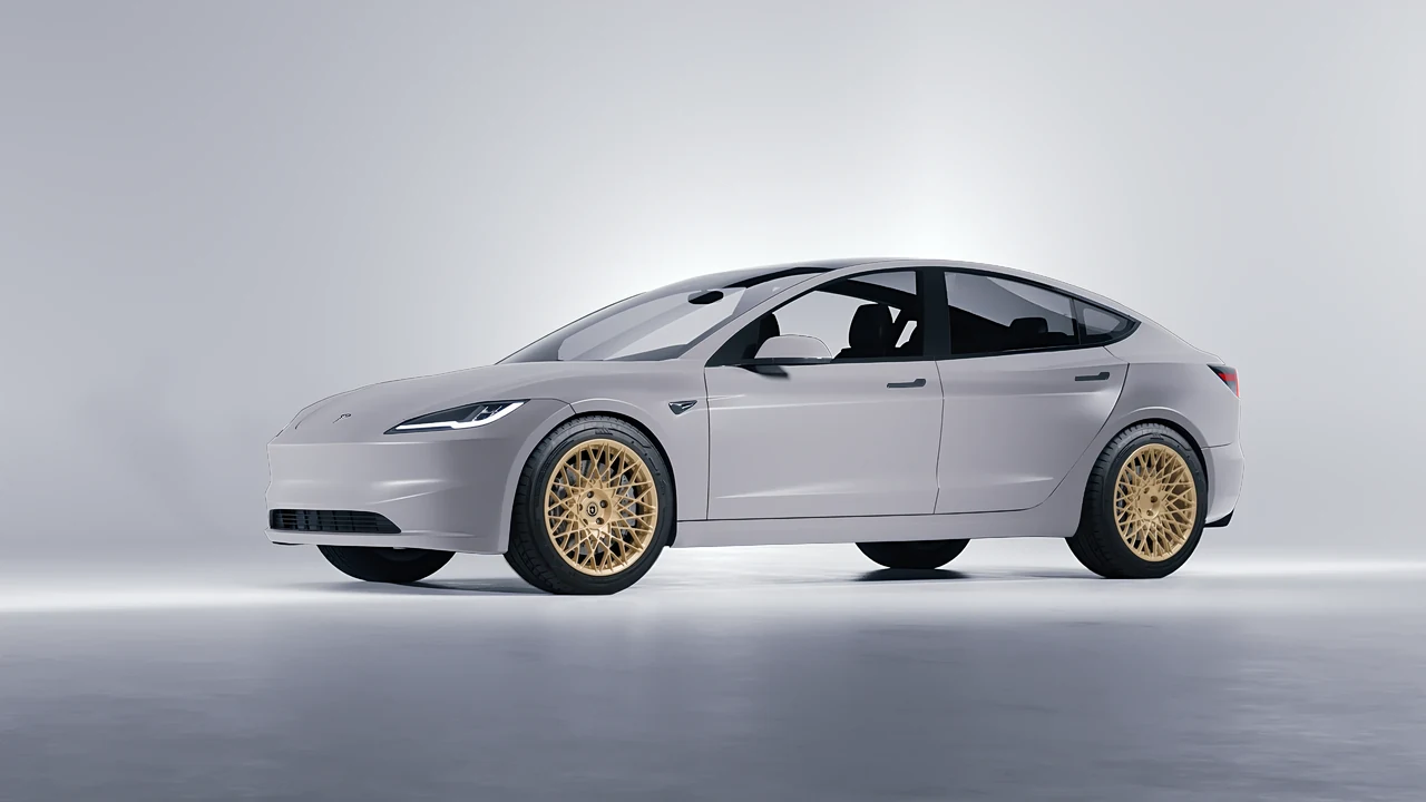 Tesla Model 3 2024 on HRE Performance Wheels 501M forged wheels, front three-quarter view