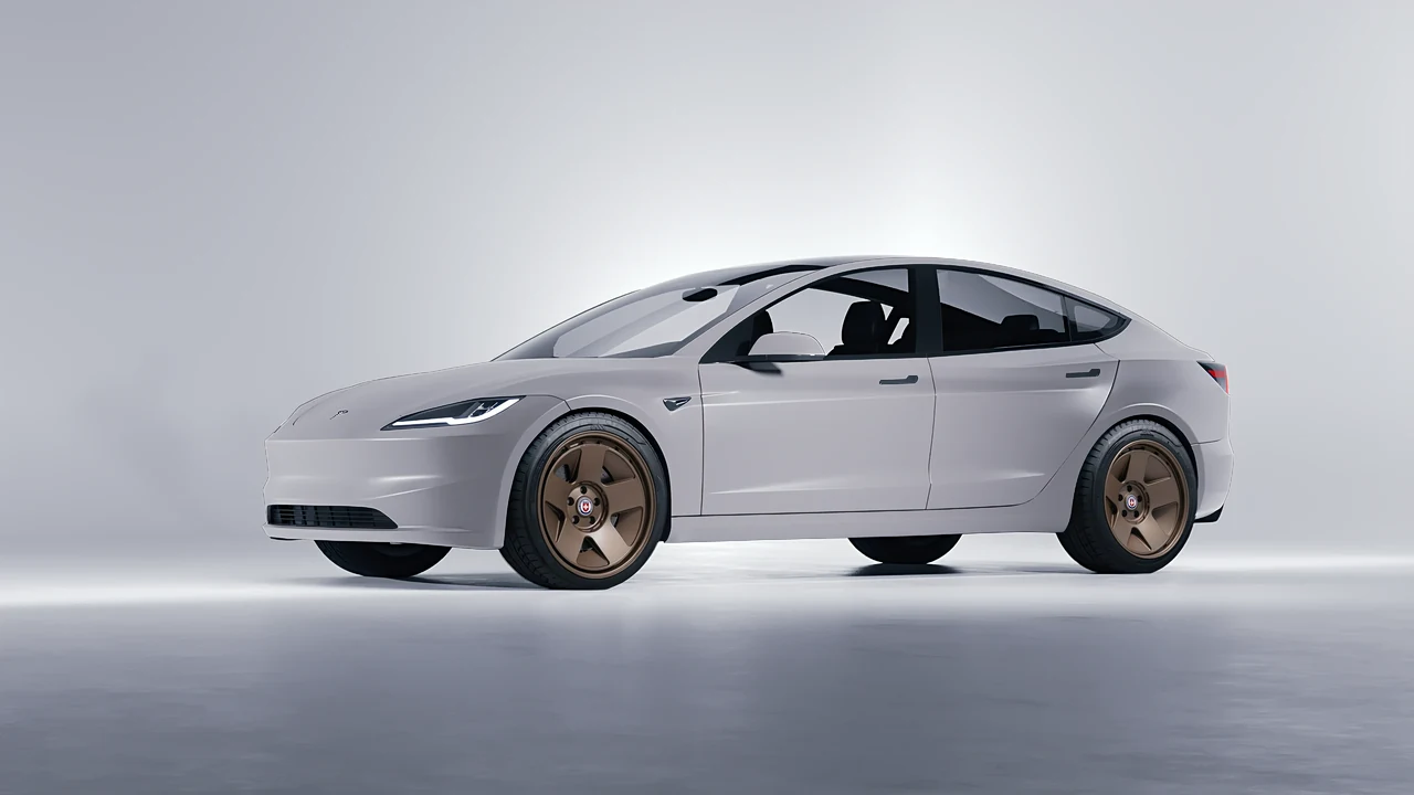 Tesla Model 3 2024 on HRE Performance Wheels 555-GTM forged wheels, front three-quarter view