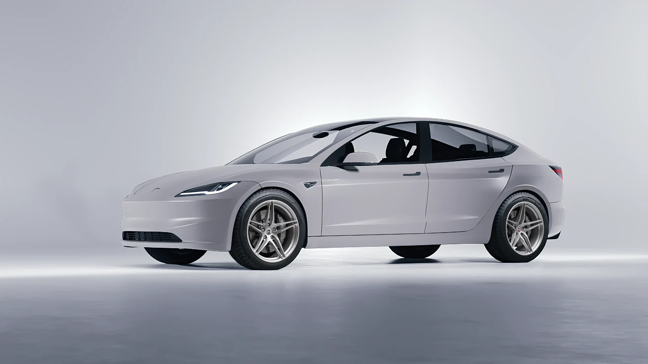 Tesla Model 3 2024 on HRE Performance Wheels P107 forged wheels, front three-quarter view