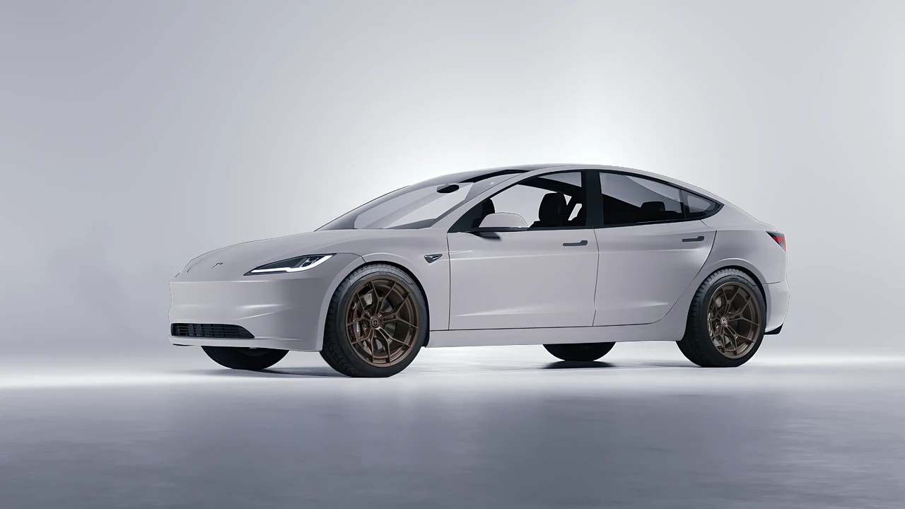Tesla Model 3 2024 on HRE Performance Wheels P301 forged wheels, front three-quarter view
