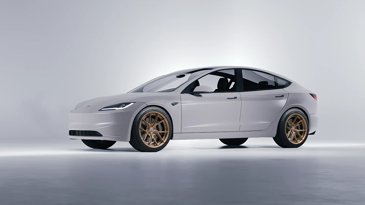 Tesla Model 3 2024 on HRE Performance Wheels S101SC forged wheels, front three-quarter view