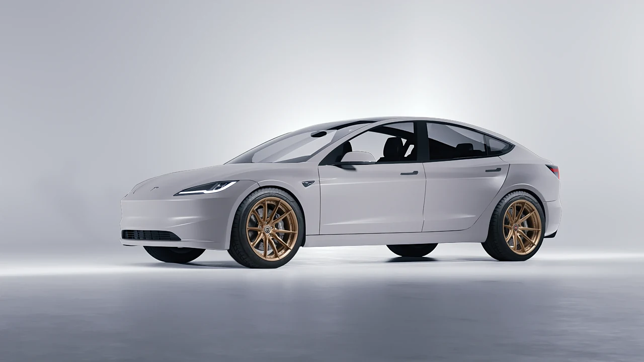 Tesla Model 3 2024 on HRE Performance Wheels S104SC forged wheels, front three-quarter view