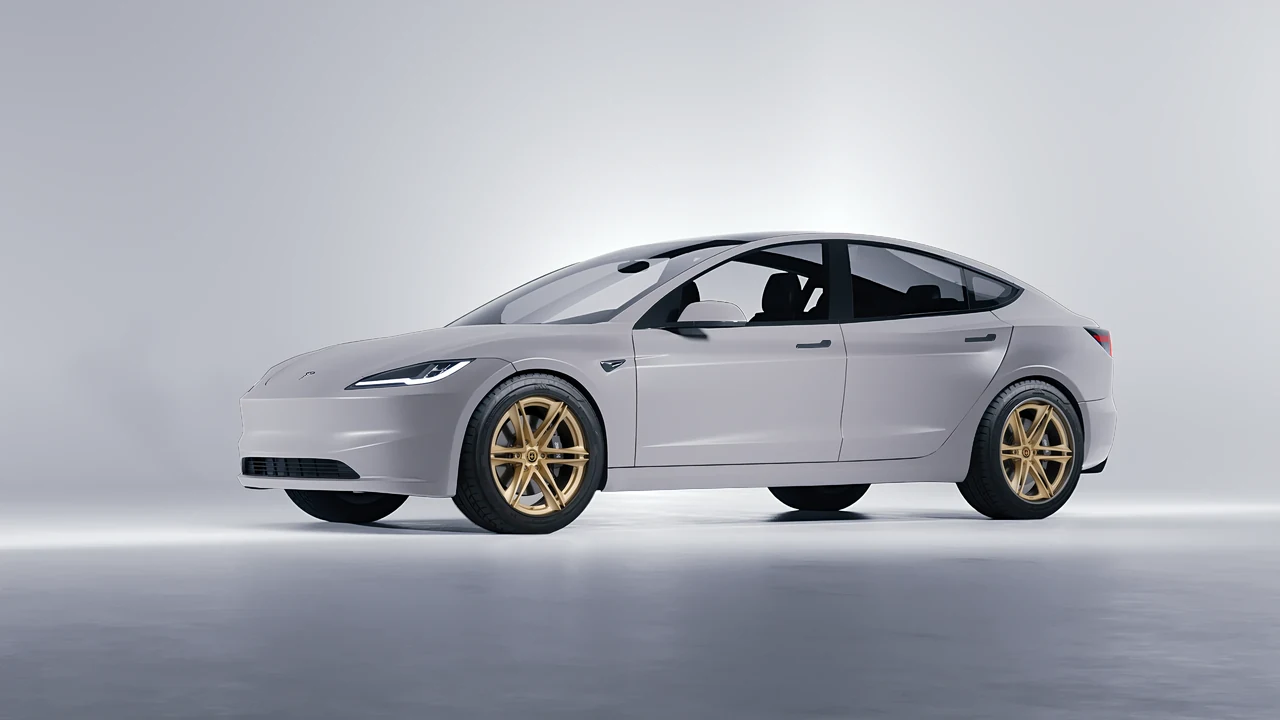 Tesla Model 3 2024 on HRE Performance Wheels S267H forged wheels, front three-quarter view