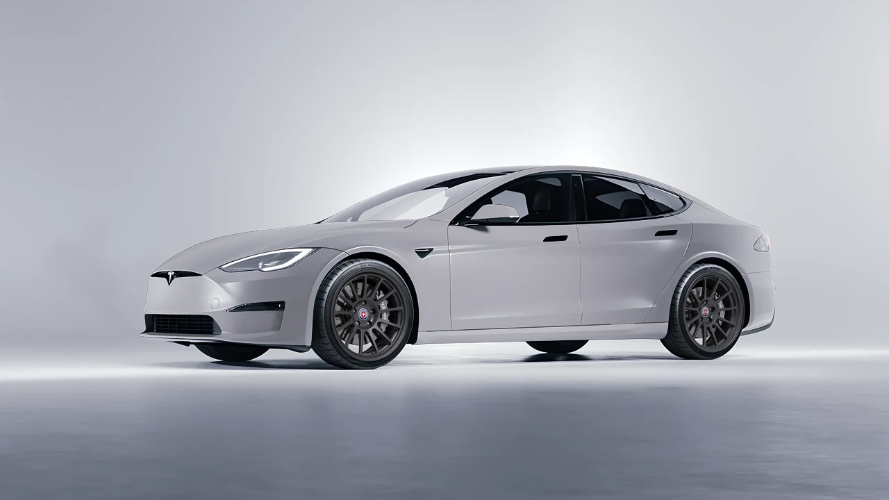 Tesla Model S 2013 on HRE Performance Wheels 313-GT forged wheels, front three-quarter view