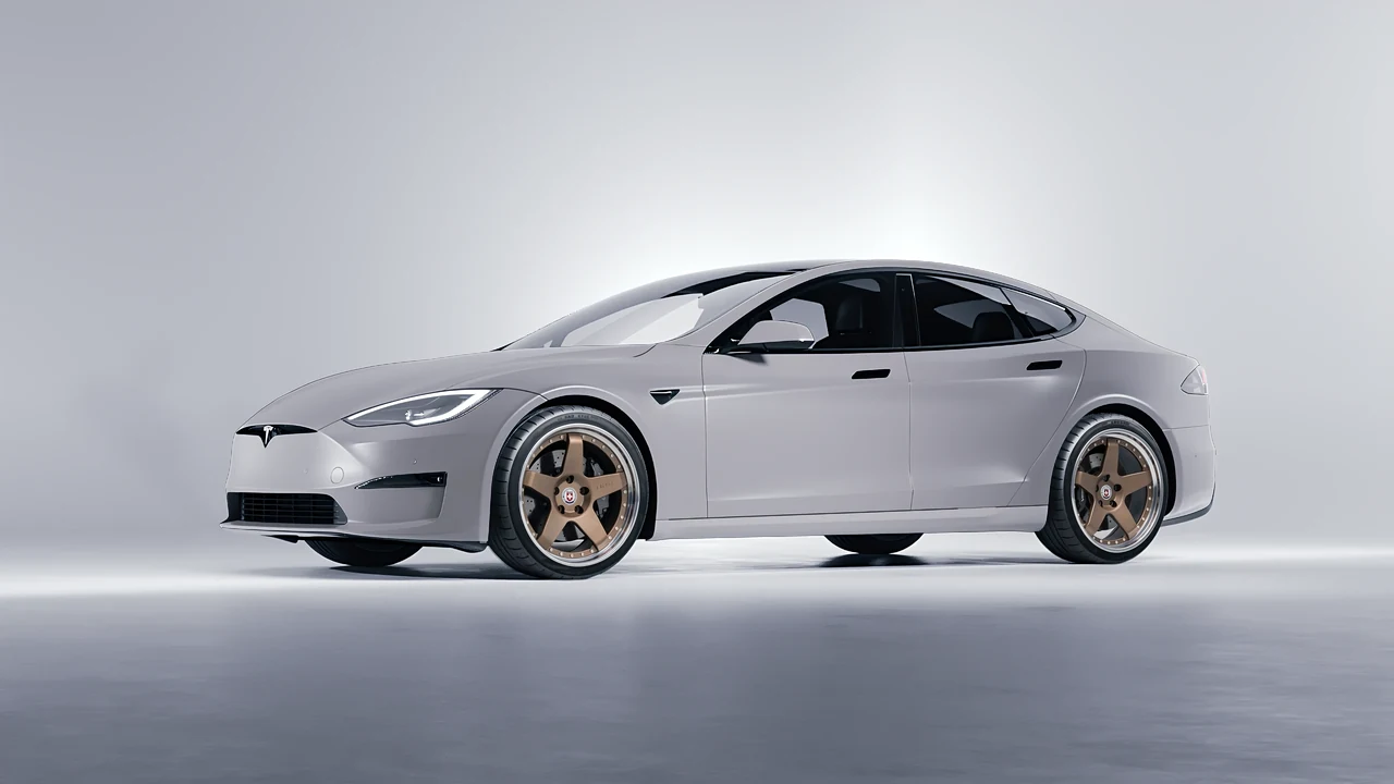 Tesla Model S 2013 on HRE Performance Wheels C105 forged wheels, front three-quarter view