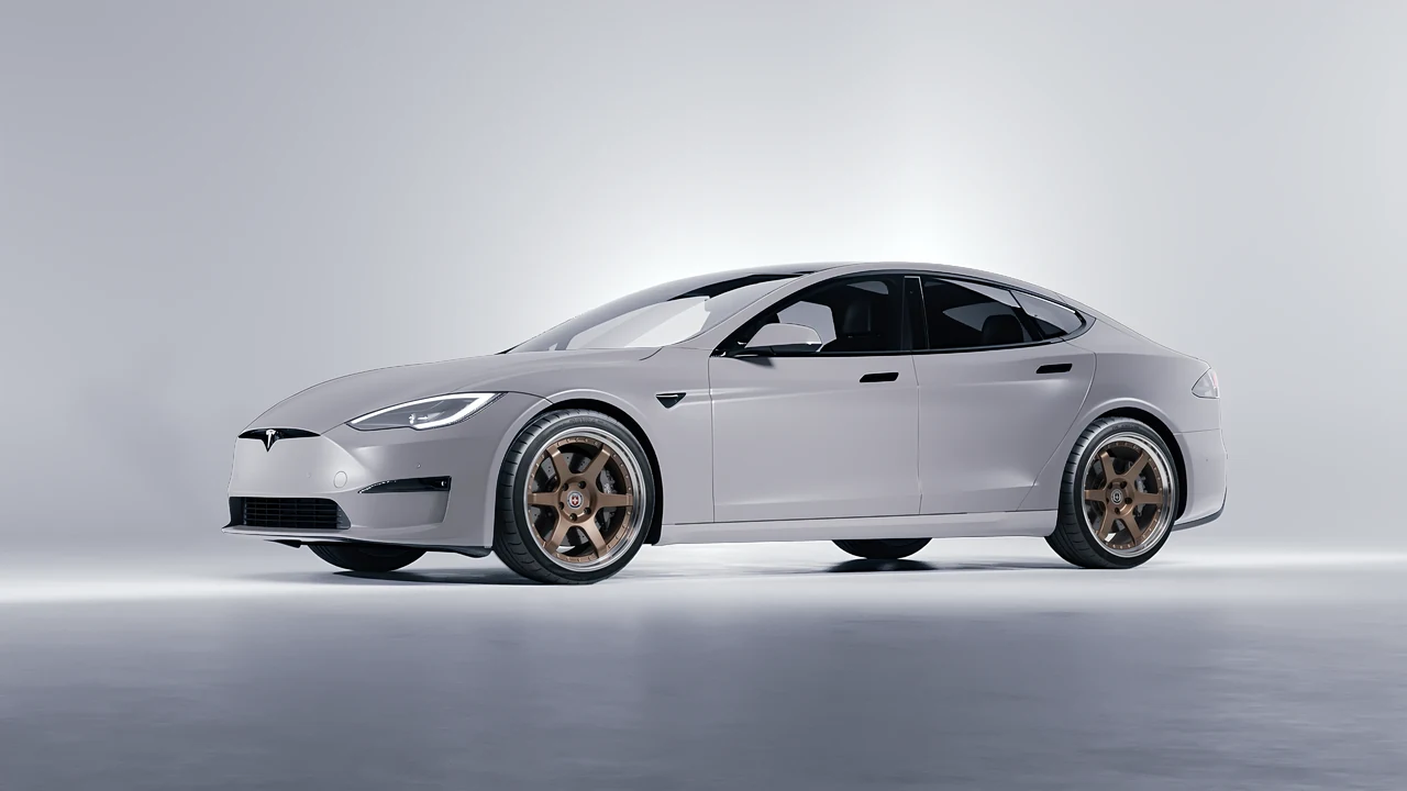 Tesla Model S 2013 on HRE Performance Wheels C106 forged wheels, front three-quarter view