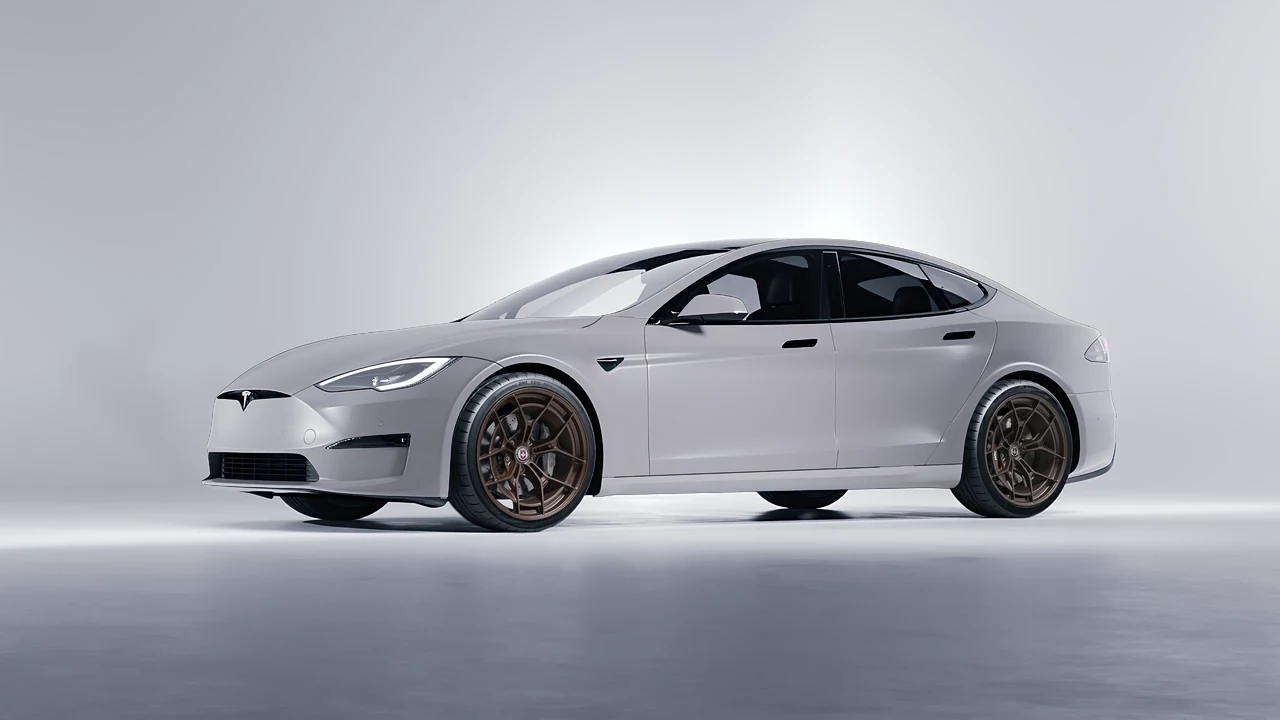 Tesla Model S 2013 on HRE Performance Wheels P301 forged wheels, front three-quarter view
