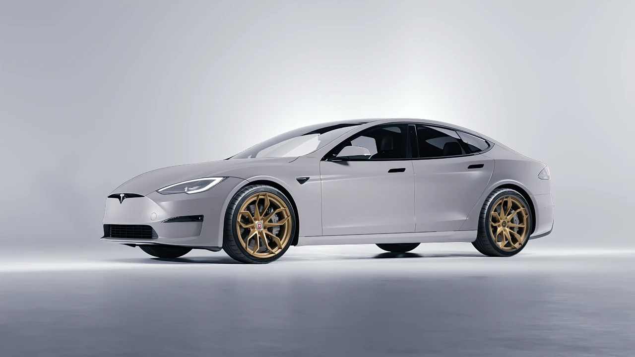 Tesla Model S 2013 on HRE Performance Wheels S201H forged wheels, front three-quarter view